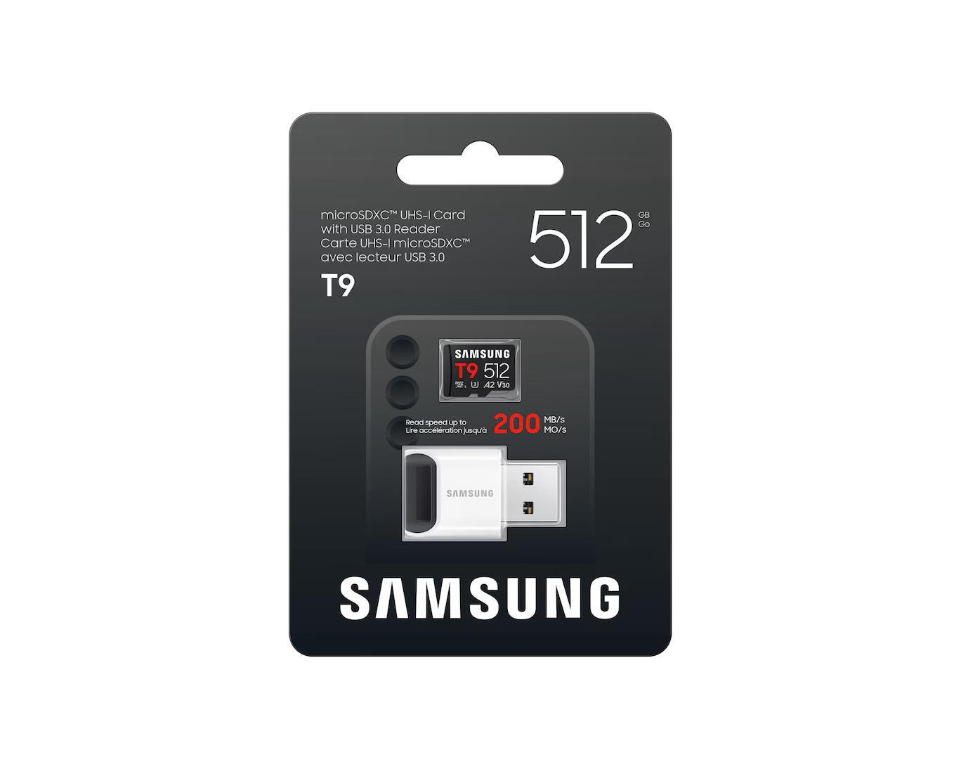 Samsung T9 microSDXC Speicherkarte 512GB (200 MB/s, Class 10, A2, V30, U3) mit Reader