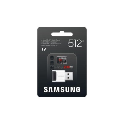 Samsung T9 microSDXC Speicherkarte 512GB (200 MB/s, Class 10, A2, V30, U3) mit Reader