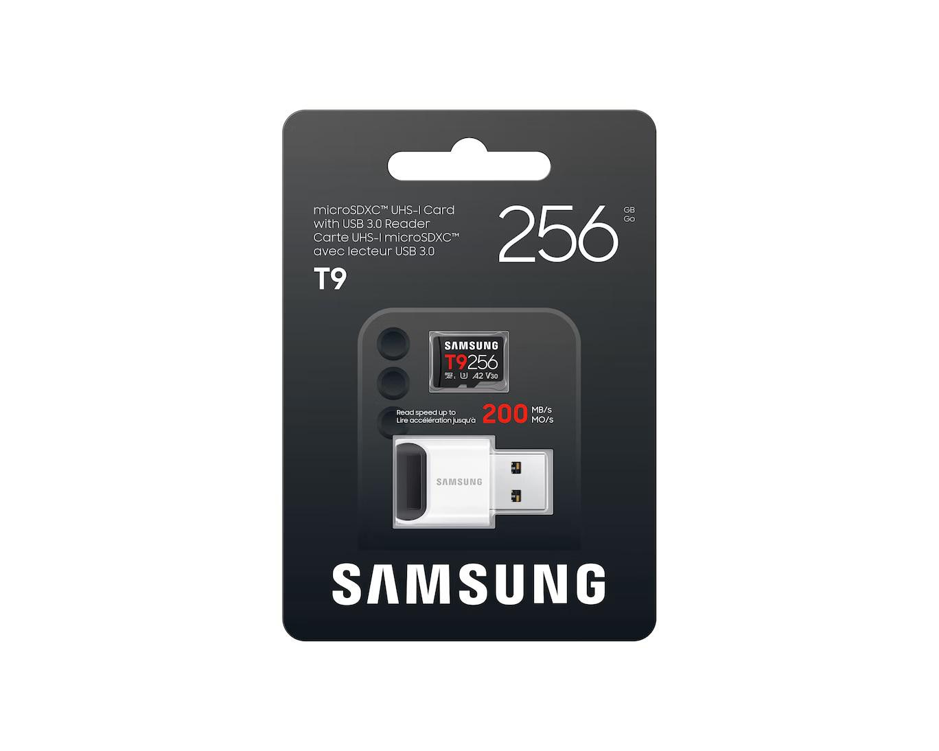 Samsung T9 microSDXC Speicherkarte 256GB (200 MB/s, Class 10, A2, V30, U3) mit Reader