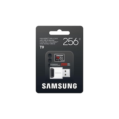 Samsung T9 microSDXC Speicherkarte 256GB (200 MB/s, Class 10, A2, V30, U3) mit Reader