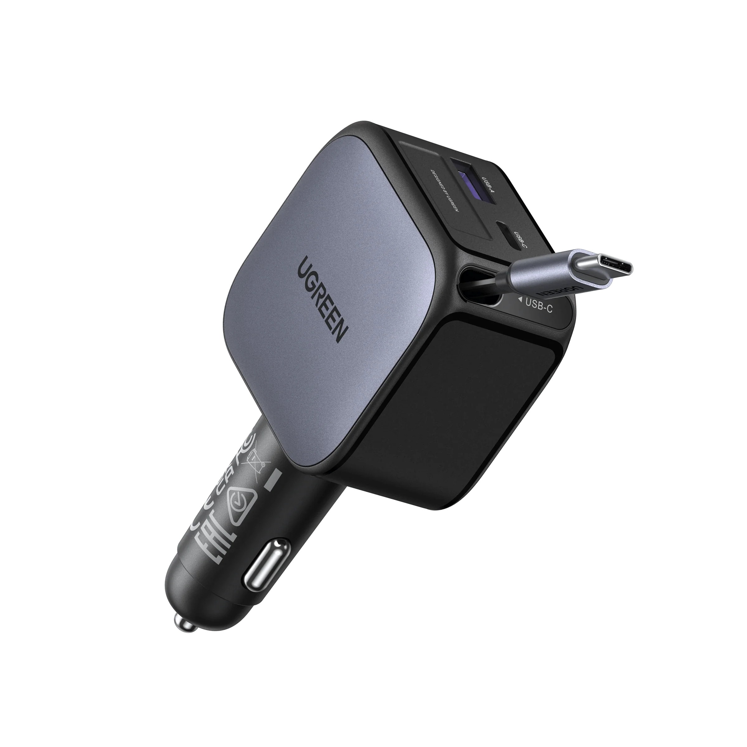 Ugreen Nexode 60W Auto-Schnellladegerät Mit Ausziehbarem Usb-C-Kabel | Usb-C | Usb-A | 12V/24V Größe 12 Schwarz - Bild 3