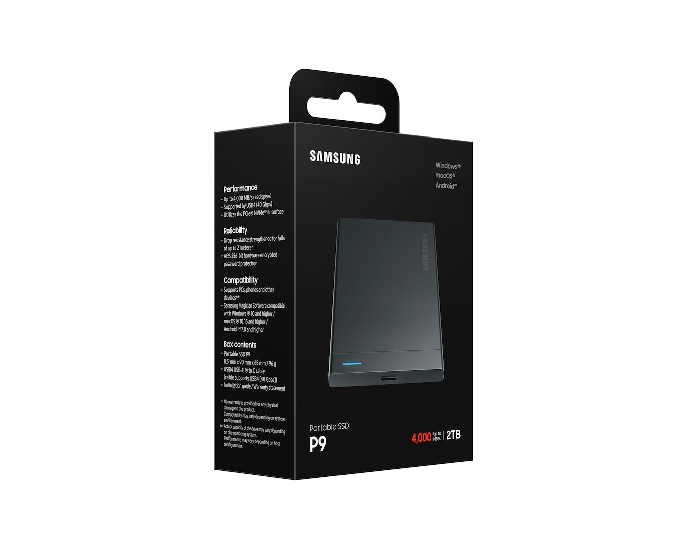 Samsung Portable SSD P9 2 TB USB4 Gen 3x2 Typ-C Schwarz bis 4.000 MB/s