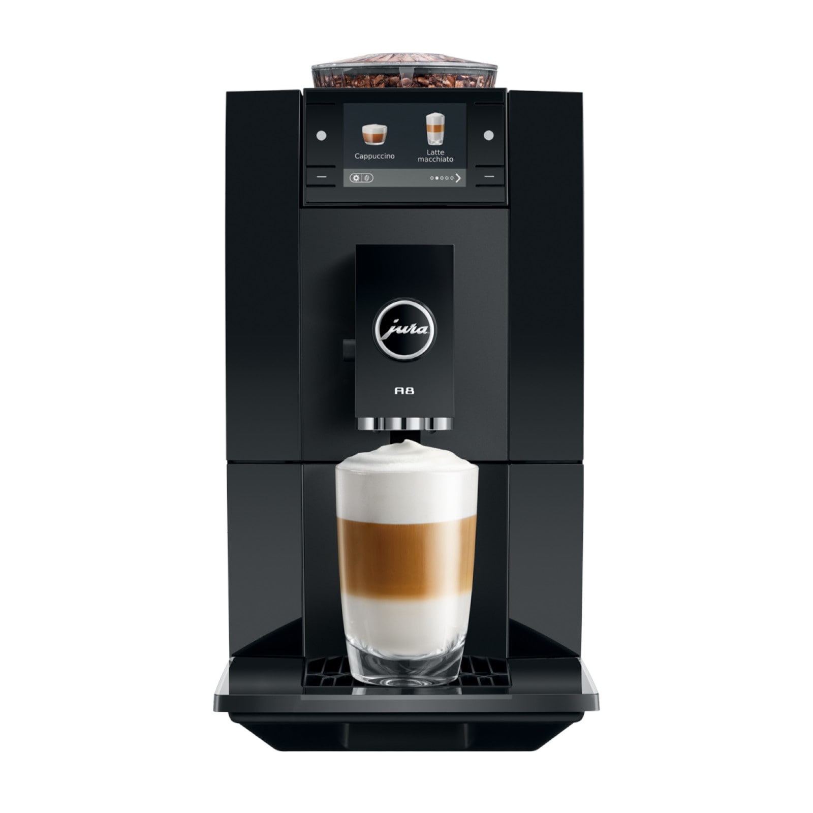 JURA A8 Piano Black (EA) Kaffeevollautomat – 18 Kaffeespezialitäten, P.A.G.3 Mahlwerk, 2,8"-Farbdisplay, 19 cm schmal